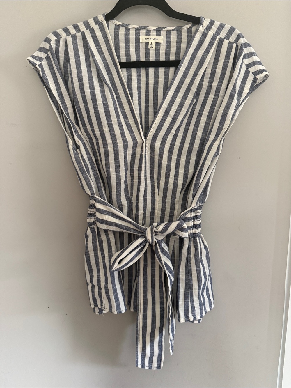 Max Studio Navy and White Vertical-Stripe Tie-Front Tunic size L